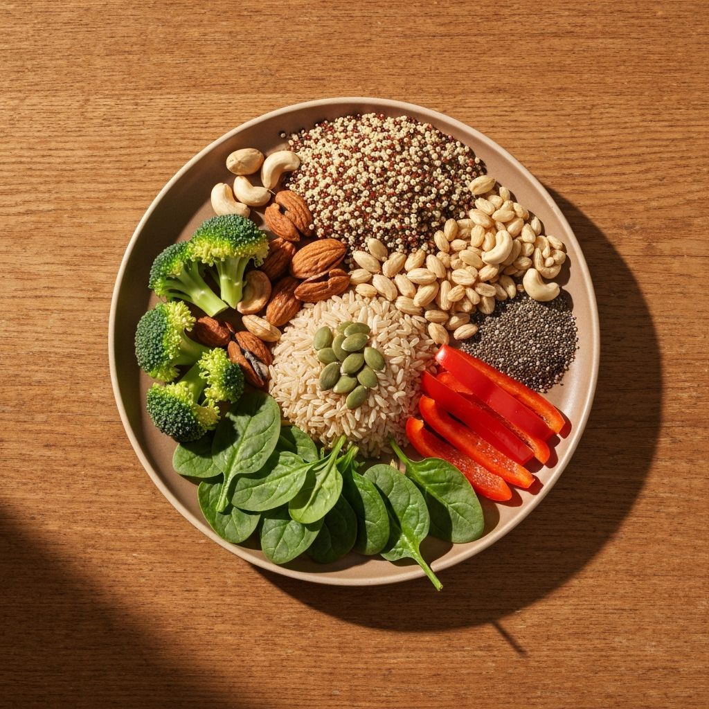 Ausgewogene Mahlzeitenzusammensetzung mit Vollkornprodukten, Nüssen, Samen und frischem Gemüse