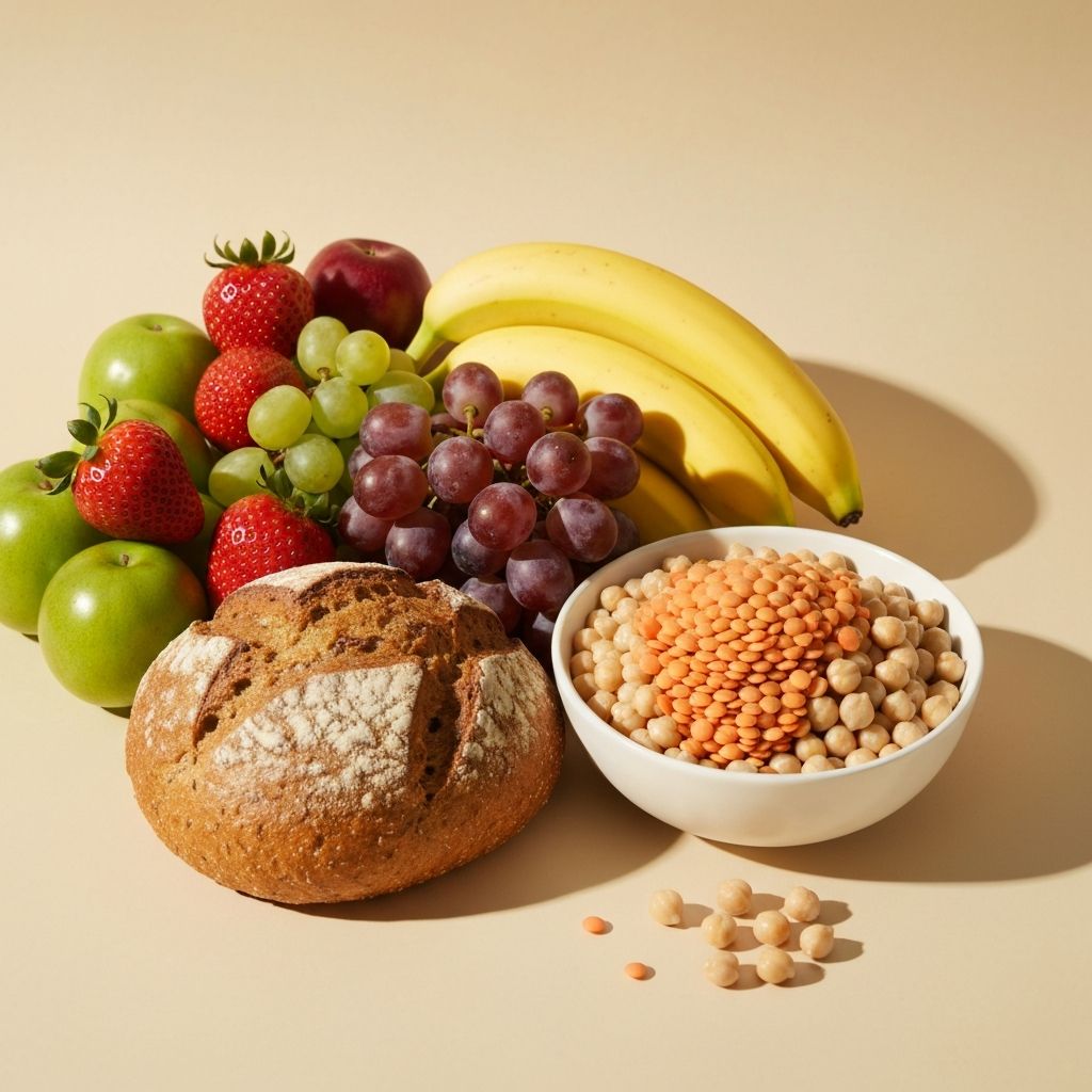 Kohlenhydratquellen: Obst, Vollkornbrot, Hülsenfrüchte und Getreide in professioneller Anordnung