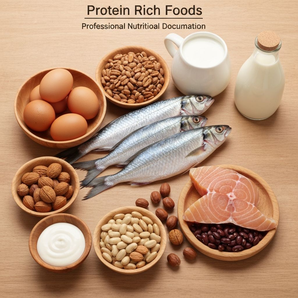 Proteinreiche Lebensmittel wie Eier, Fisch, Hülsenfrüchte und Nüsse in wissenschaftlicher Anordnung