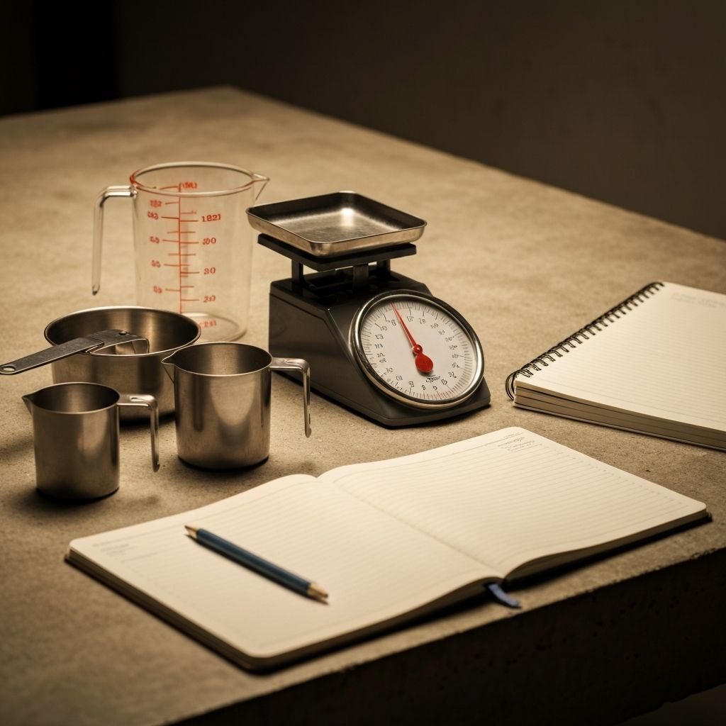 Küchenutensilien und Messinstrumente auf Betonoberfläche mit wissenschaftlicher Atmosphäre
